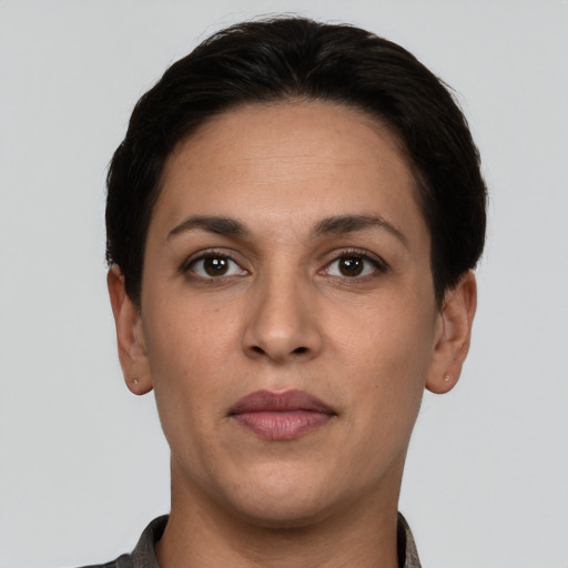 Neutral white adult female with short  brown hair and brown eyes