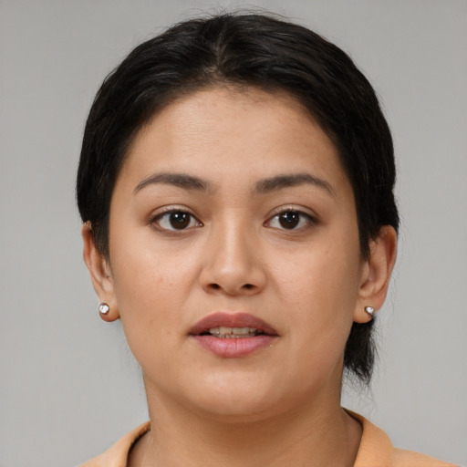 Neutral asian young-adult female with short  brown hair and brown eyes