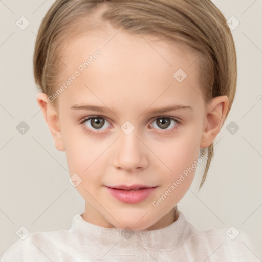 Neutral white child female with short  brown hair and grey eyes