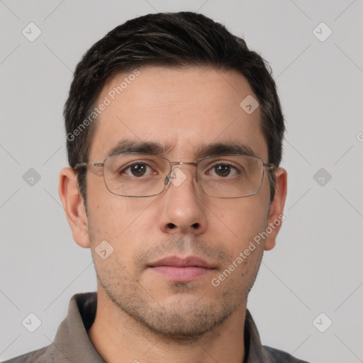 Neutral white adult male with short  brown hair and brown eyes