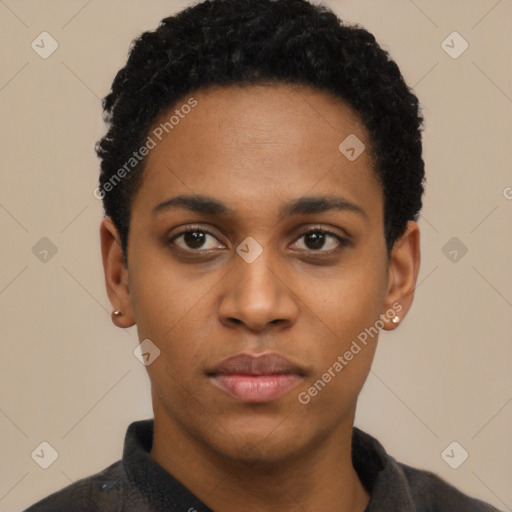 Neutral black young-adult male with short  black hair and brown eyes