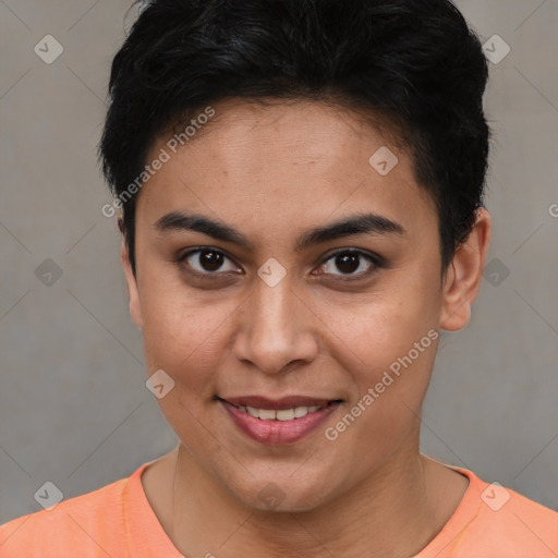 Joyful asian young-adult female with short  brown hair and brown eyes