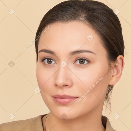 Neutral white young-adult female with medium  brown hair and brown eyes