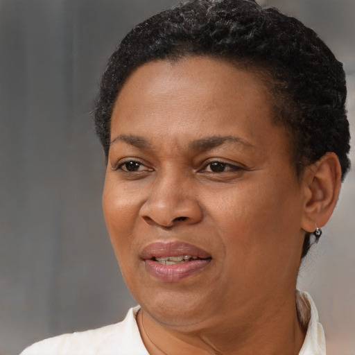 Joyful black adult female with short  brown hair and brown eyes