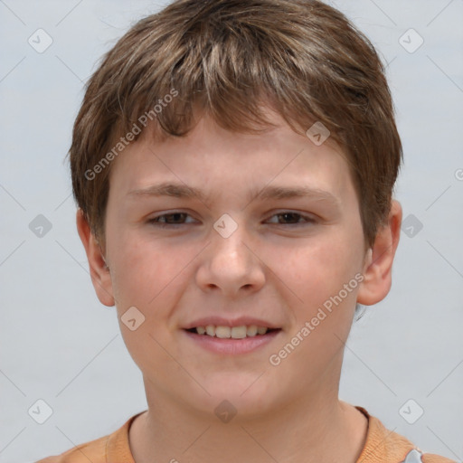 Joyful white child male with short  brown hair and brown eyes