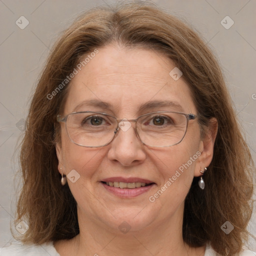 Joyful white adult female with medium  brown hair and grey eyes