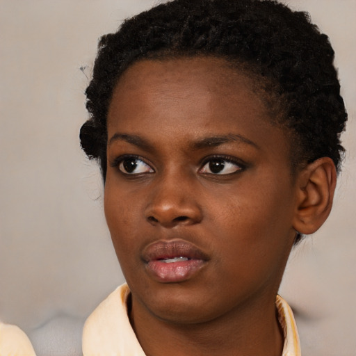 Neutral black young-adult female with short  black hair and brown eyes