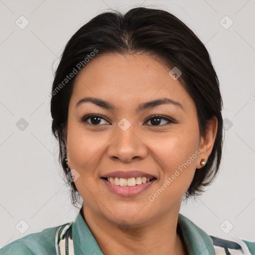 Joyful latino young-adult female with medium  brown hair and brown eyes