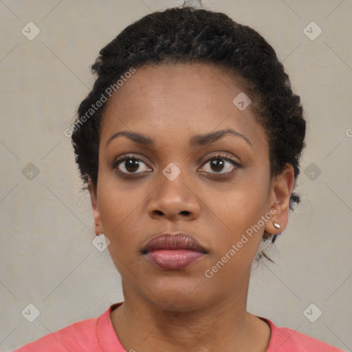 Neutral black young-adult female with short  black hair and brown eyes