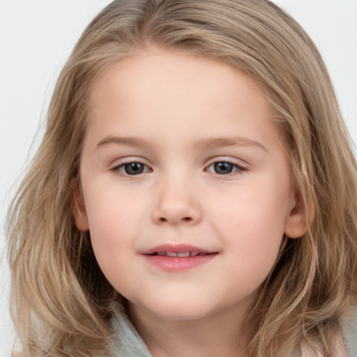 Joyful white child female with medium  brown hair and brown eyes