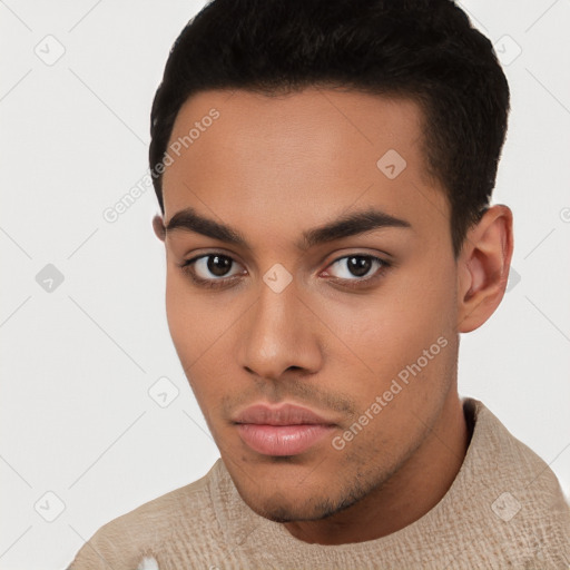 Neutral latino young-adult male with short  black hair and brown eyes