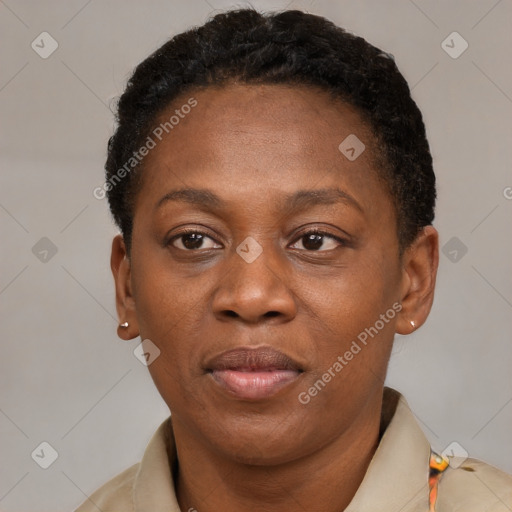 Neutral black adult female with short  brown hair and brown eyes