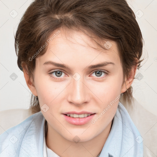 Joyful white young-adult female with medium  brown hair and blue eyes