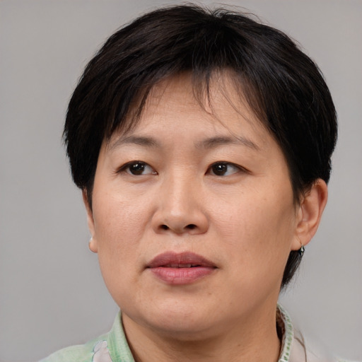 Joyful asian adult female with medium  brown hair and brown eyes