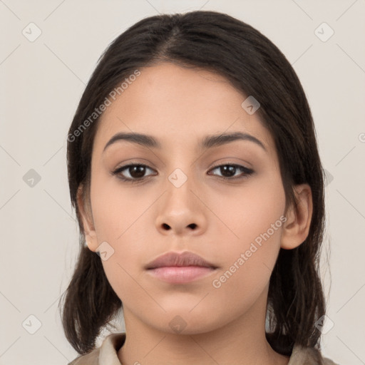 Neutral asian young-adult female with medium  brown hair and brown eyes