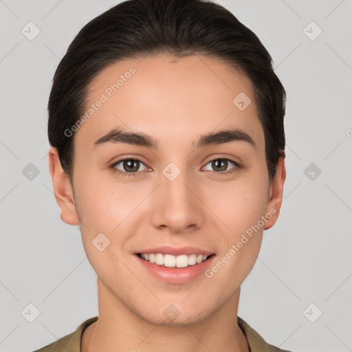 Joyful white young-adult female with short  brown hair and brown eyes