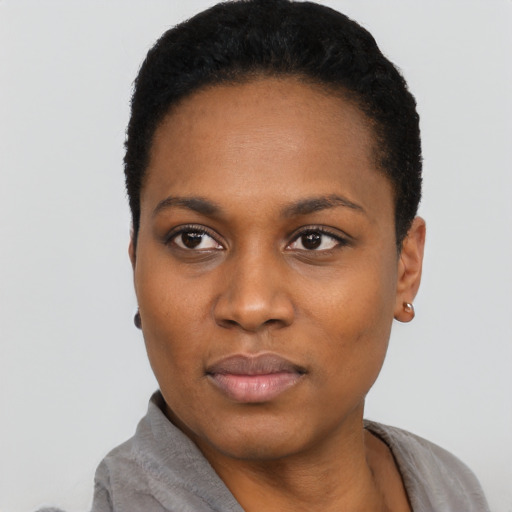 Neutral black young-adult female with short  black hair and brown eyes