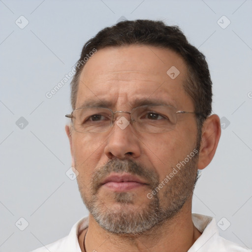 Neutral white adult male with short  brown hair and brown eyes