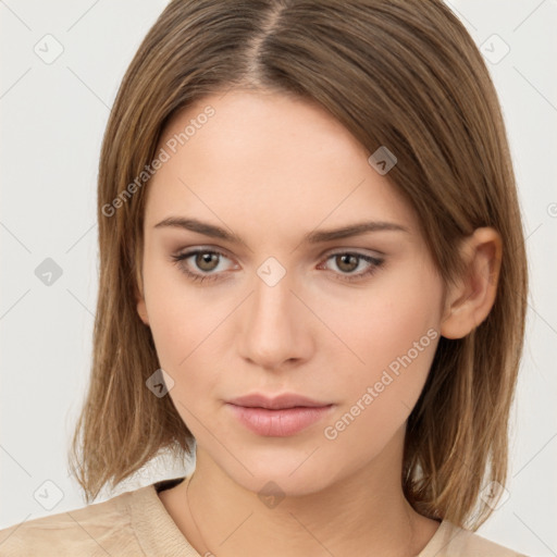 Neutral white young-adult female with medium  brown hair and brown eyes