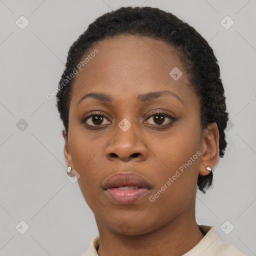 Neutral black young-adult female with short  black hair and brown eyes