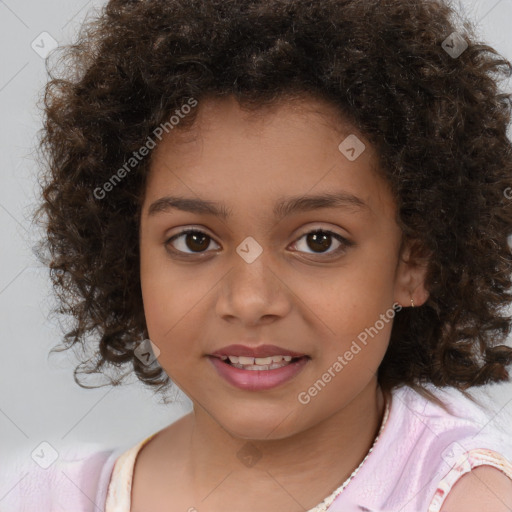 Joyful white child female with medium  brown hair and brown eyes