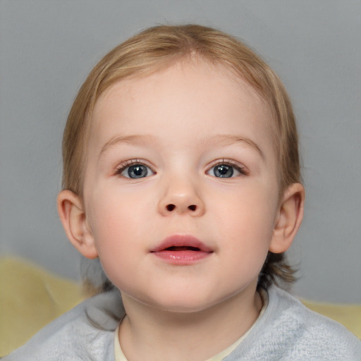 Neutral white child female with medium  brown hair and blue eyes