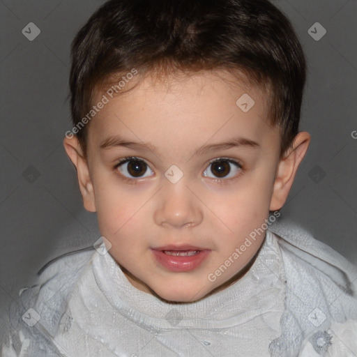 Joyful white child female with short  brown hair and brown eyes