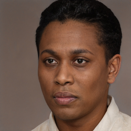 Neutral black young-adult male with short  black hair and brown eyes