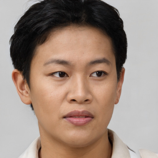 Neutral asian young-adult female with short  brown hair and brown eyes