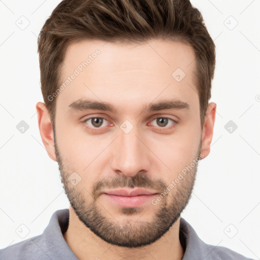 Neutral white young-adult male with short  brown hair and grey eyes