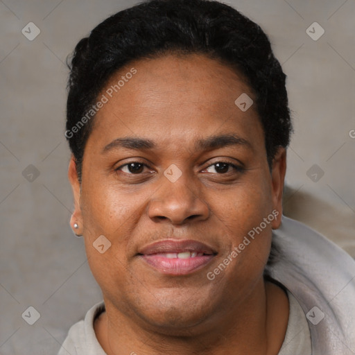 Joyful black adult male with short  brown hair and brown eyes