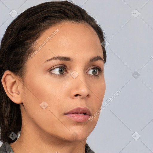 Neutral white young-adult female with medium  brown hair and brown eyes