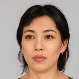 Neutral asian young-adult female with medium  brown hair and brown eyes