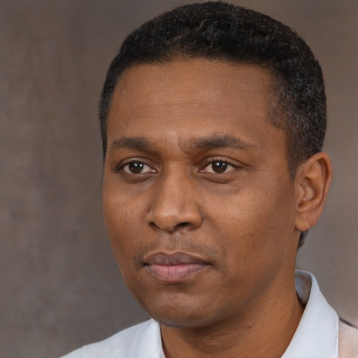 Neutral black young-adult male with short  black hair and brown eyes