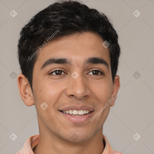 Joyful latino young-adult male with short  black hair and brown eyes