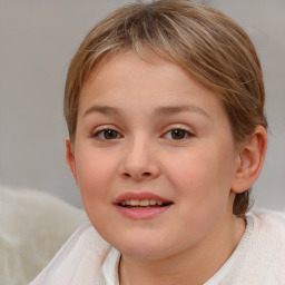 Joyful white child female with medium  brown hair and brown eyes