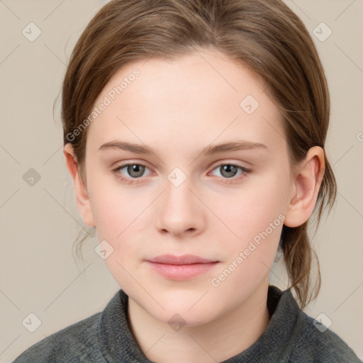 Neutral white young-adult female with medium  brown hair and grey eyes