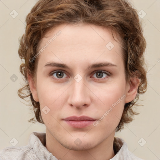 Neutral white young-adult female with short  brown hair and brown eyes