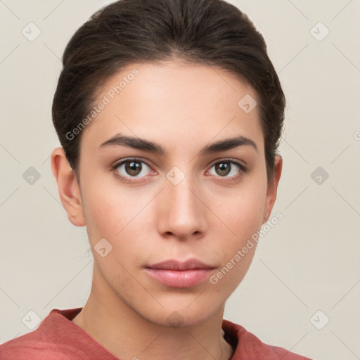 Neutral white young-adult female with short  brown hair and brown eyes