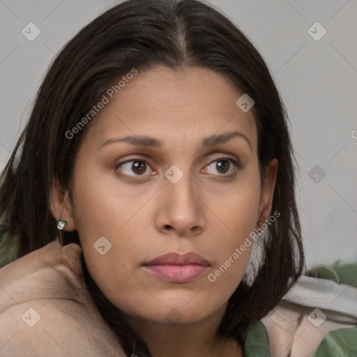 Neutral asian young-adult female with medium  brown hair and brown eyes