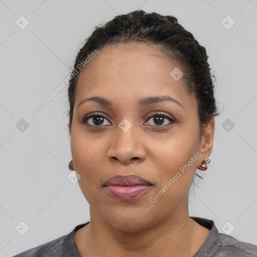 Joyful latino young-adult female with short  black hair and brown eyes