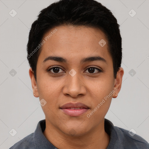 Joyful latino young-adult female with short  black hair and brown eyes