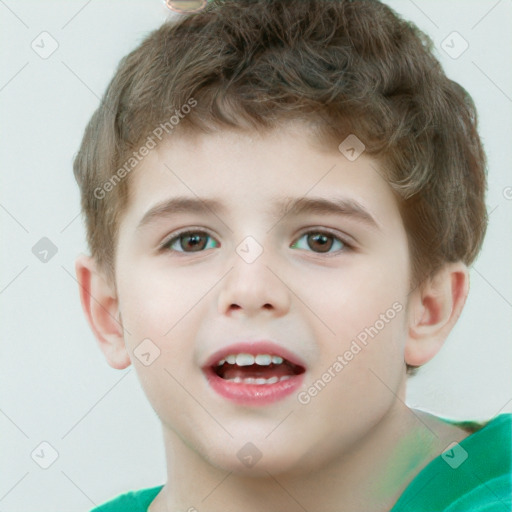 Joyful white child male with short  brown hair and brown eyes