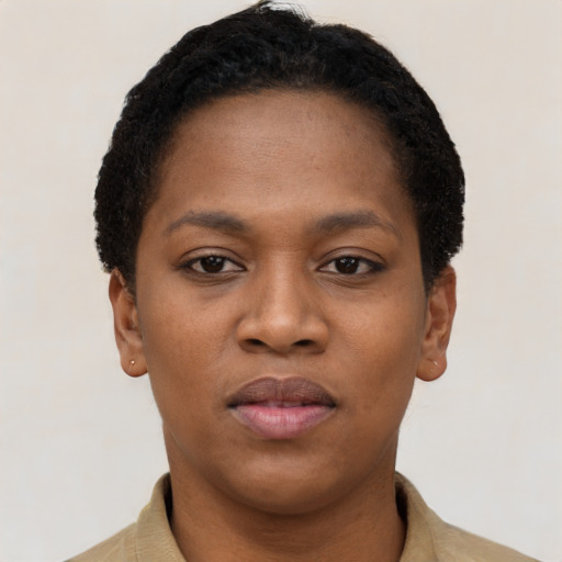 Neutral black young-adult female with short  black hair and brown eyes