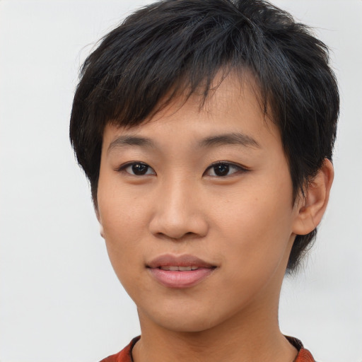 Neutral asian young-adult female with short  brown hair and brown eyes