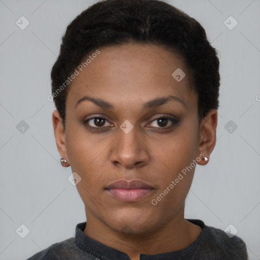 Neutral black young-adult female with short  brown hair and brown eyes