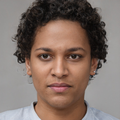 Neutral white young-adult female with short  brown hair and brown eyes