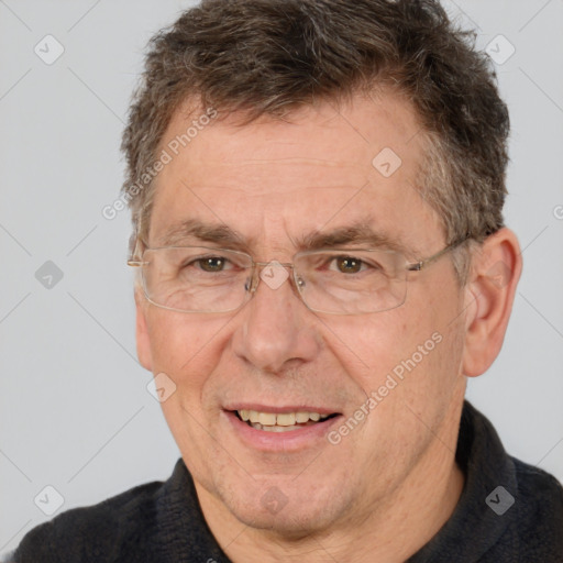 Joyful white middle-aged male with short  brown hair and brown eyes