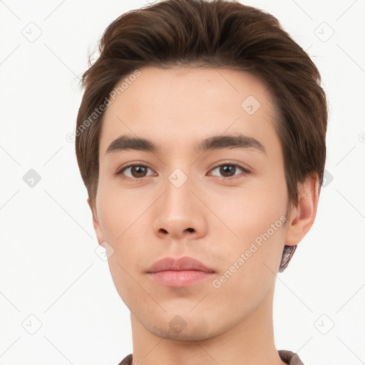 Neutral white young-adult male with short  brown hair and brown eyes