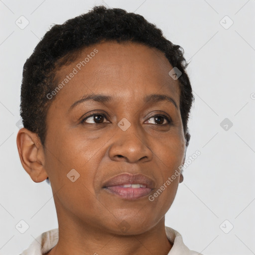 Joyful black adult female with short  brown hair and brown eyes